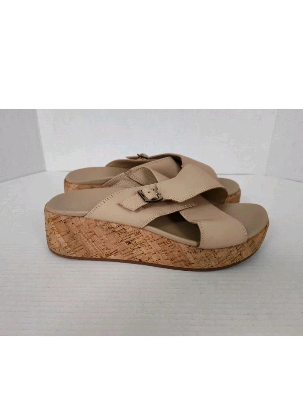 Abeo Dylan Solstice Criss Cross Leather Slide Sandals Beige Size 9.5 Cork Wedge